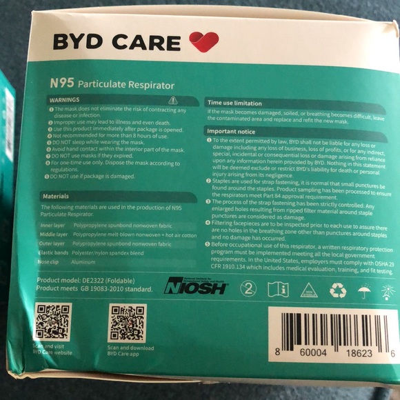 BYD Care N95 Foldable Particulate Respirator Masks. 36 masks total. - Picture 6 of 7